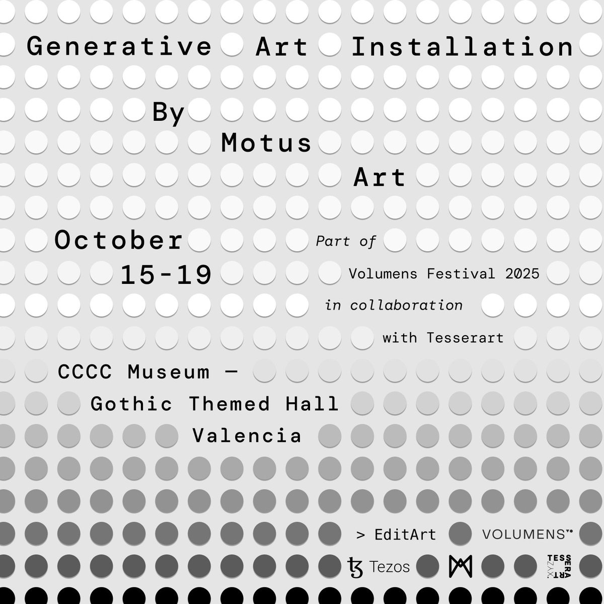 We are excited to announce <a href="/motus_art/">Motus Art (Owen McAteer)</a> generative project &amp; interactive installation debuting in <a href="/VolumensFest/">🔽⏺ VOlumens</a>

📆 October 15-19
🏛️ Hosted in <a href="/centredelcarme/">CCCC Centre del Carme Cultura Contemporània</a> museum, Valencia, Spain

In collaboration with <a href="/editart_xyz/">EditArt</a> &amp; <a href="/tezos/">Tezos</a>
On-site and online minting from <a href="/motus_art/">Motus Art (Owen McAteer)</a> web-app