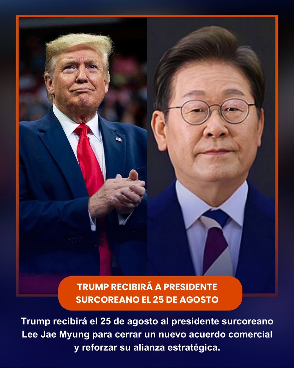 Trump recibirá el 25 de agosto al presidente surcoreano Lee Jae Myung para cerrar un acuerdo comercial que incluye inversiones por $350 mil millones, compras energéticas y cooperación en semiconductores, baterías y construcción naval.

#Noticia #EEUU #Corea #Sur