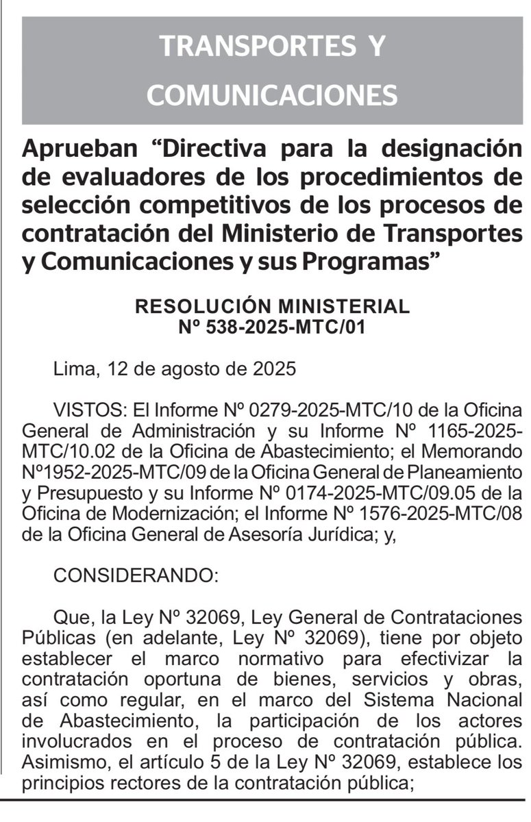 Con la Resolución Ministerial N.° 538-2025-MTC/01 reafirmamos nuestra vocación de servicio y compromiso con la Nación. No basta con administrar; hay que transformar. Por eso, elevamos los estándares de transparencia en la conformación de comités y jurados de selección, para que