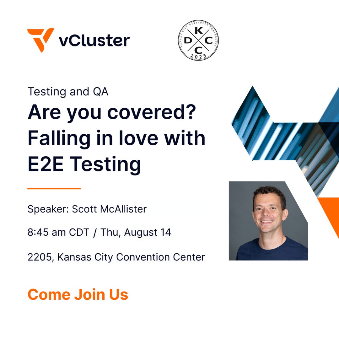 vCluster (@vcluster) on Twitter photo Heading to #KCDC2025?
Catch @StMcAllister’s “Are You Covered? Falling in Love with E2E Testing”, covering containerized test setups, Argo CD for GitOps, & k3s for managing complex workflows.
📅 Aug 14, 8:45AM CDT
📍 2205, KC Convention Center
#E2ETesting #ArgoCD #GitOps #DevOps Heading to #KCDC2025?
Catch @StMcAllister’s “Are You Covered? Falling in Love with E2E Testing”, covering containerized test setups, Argo CD for GitOps, & k3s for managing complex workflows.
📅 Aug 14, 8:45AM CDT
📍 2205, KC Convention Center
#E2ETesting #ArgoCD #GitOps #DevOps