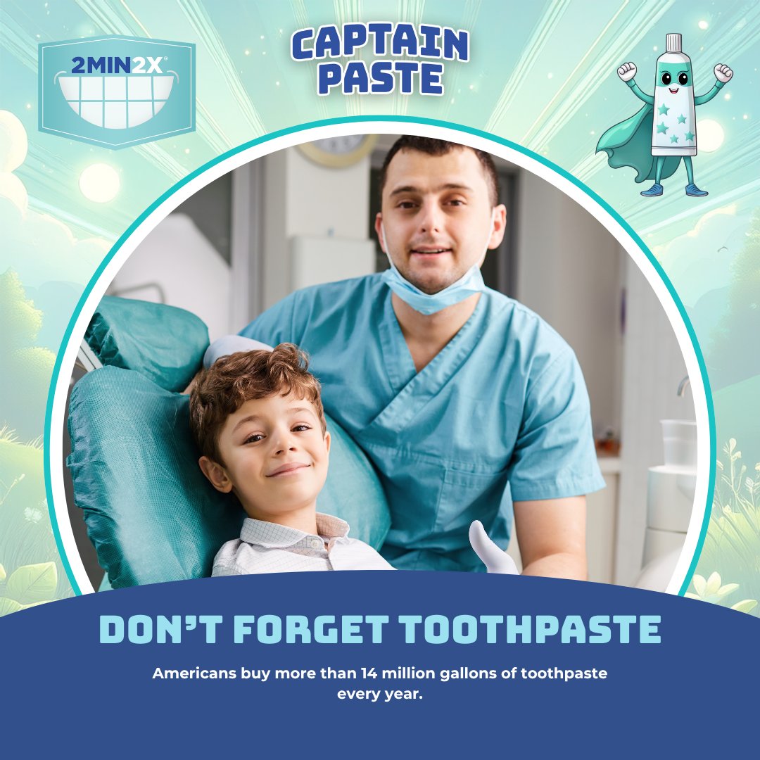 Special Message from Captain Paste:

Did you know? Americans buy more than 14 million gallons of #toothpaste every year. This is a good thing, as #fluoride toothpaste is one of the best defenses against #cavities and tooth decay. #captainpaste #2min2x #DentSquad