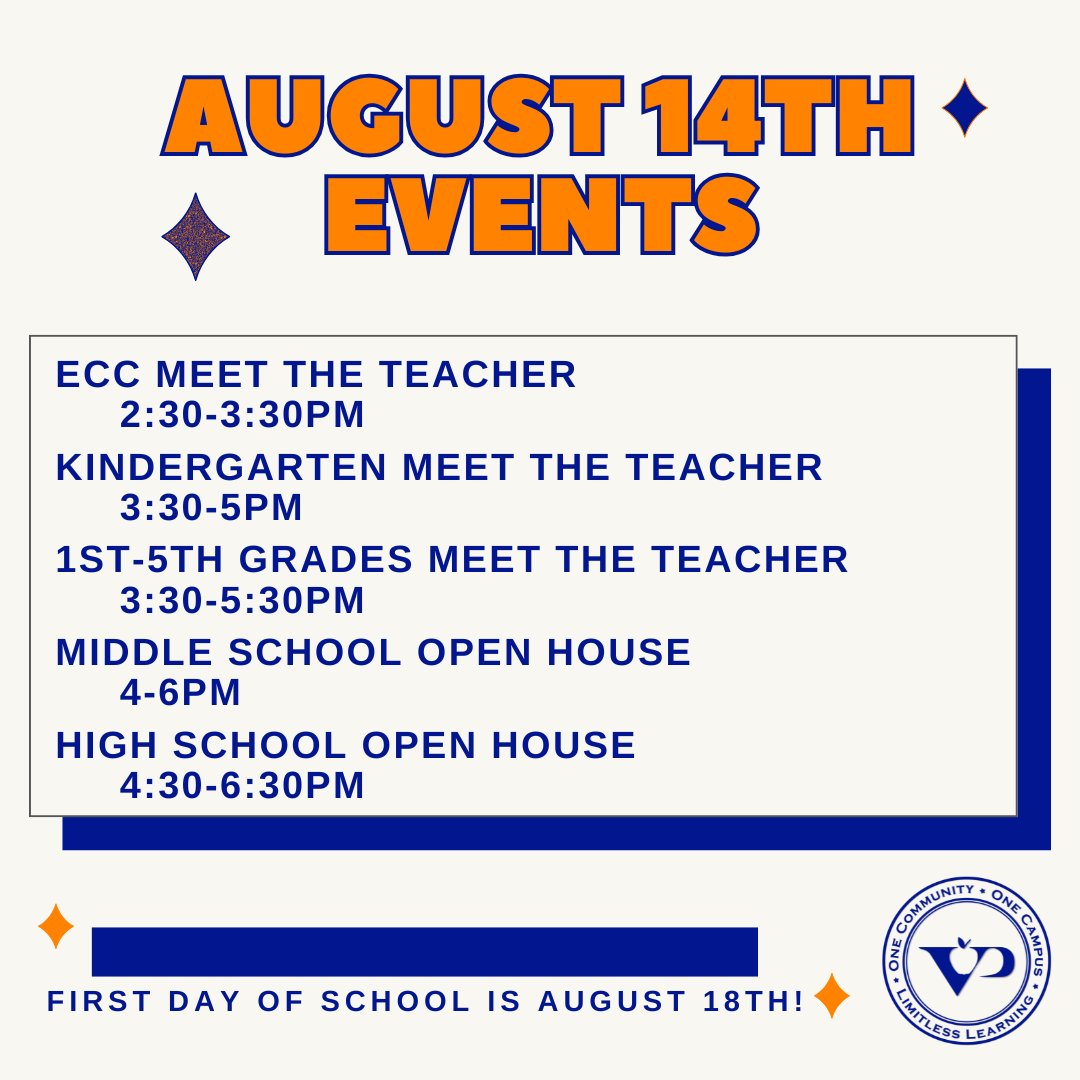 ValleyParkSD's tweet image. 🧒 ECC Meet the Teacher: 2:30–3:30 PM
🎒 Kindergarten: 3:30–5 PM
📘 1st–5th Grade: 3:30–5:30 PM
🏫 Middle School Open House: 4–6 PM
🎓 High School Open House: 4:30–6:30 PM

 #VPPride #LimitlessLearning