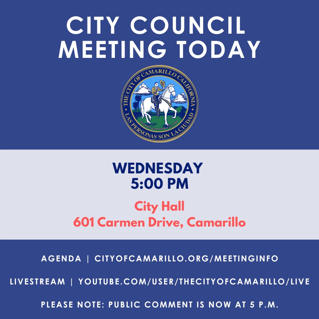 The Camarillo City Council Meeting will be held TODAY, Wednesday, August 13 at 5:00 p.m. 
Council Chambers at City Hall 
💻 LIVESTREAM: youtube.com/user/thecityof… 

Meeting agenda and public participation instructions available on the City website: cityofcamarillo.org/meetinginfo