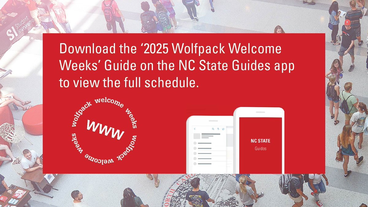 NCStateNSP's tweet photo. To get ready for Wolfpack Welcome Weeks, you can download the '2025 Wolfpack Welcome Weeks' Guide to view the full schedule of events and learn more abotu what's happening on campus during this time! https://t.co/VEuKCslShv https://t.co/BjV0dnHUfk
