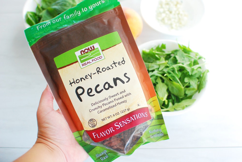 This has been my FAV salad to eat lately - and now you can make it too!  #ad

All you need is arugula, spinach, sauteed peaches, blue cheese, and <a href="/NOWFoods/">NOW</a> honey roasted pecans.

Find the recipe here --> snackinginsneakers.com/arugula-spinac…

#NOWWellness