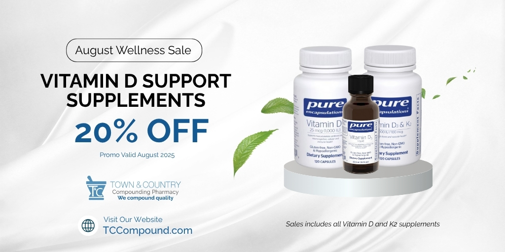 TCCompound's tweet image. Summer’s a great time to refresh your wellness routine!

Take 20% off all Vitamin D &amp;amp; K2 supplements this August at Town &amp;amp; Country Compounding. Details: bit.ly/2Oi3QXm

#HealthEssentials #AugustPromo #TCCompound