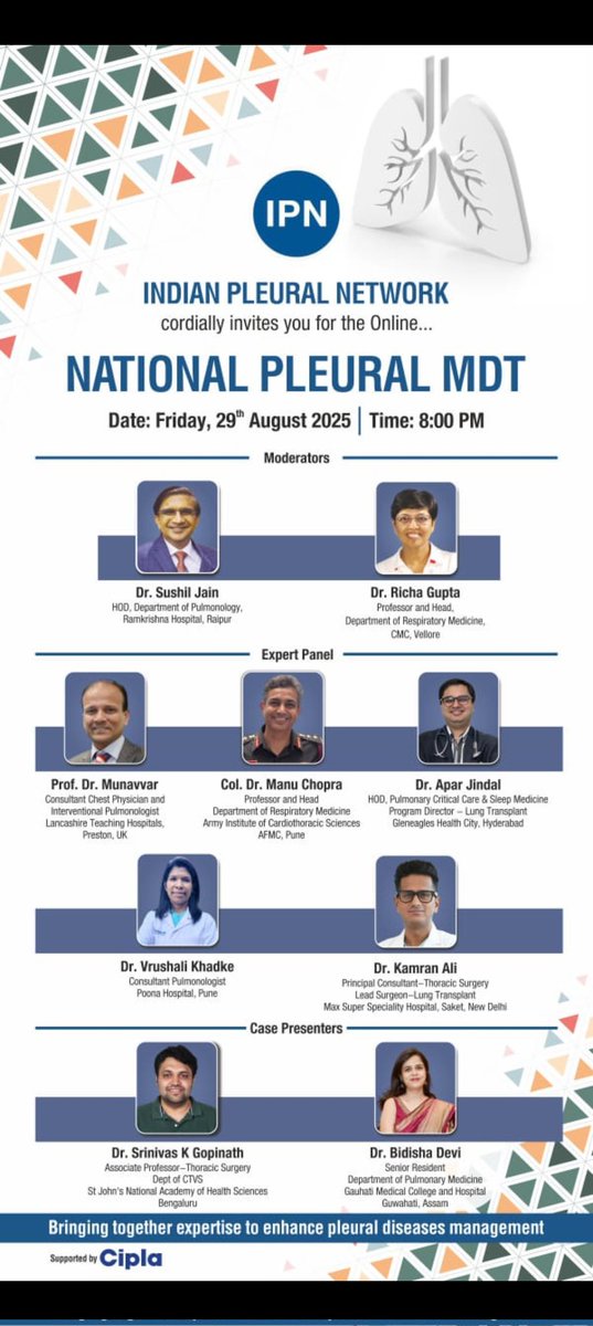 Pleural diseases are often ignored and mismanaged. This is a fantastic initiative from the INDIAN PLEURAL NETWORK 

To all my thoracic colleagues. Please make time and attend, what promises to be an enriching academic discussion
