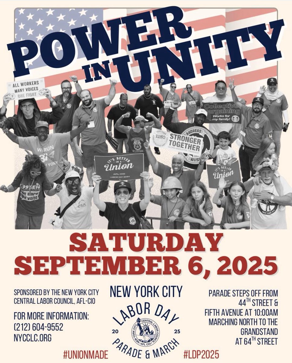 PSC_CUNY's tweet photo. March with the PSC, the @CentralLaborNYC and other organized labor in the 2025 NYC Labor Day Parade on Sept 6th!

The parade steps off from 44th St. &amp; Fifth Ave. at 10AM and will progress up Fifth Ave. to 64th St.

Let us know you plan to join us: https://t.co/wFZlgeRlFx https://t.co/5hUyB4Btr7