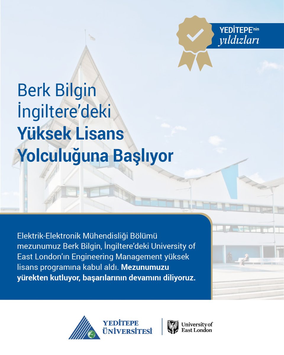 Elektrik-Elektronik Mühendisliği Bölümü mezunumuz Berk Bilgin, İngiltere’deki University of East London’ın Engineering Management yüksek lisans programına kabul aldı. 

Mezunumuzu yürekten kutluyor, başarılarının devamını diliyoruz.

Our Electrical and Electronics Engineering