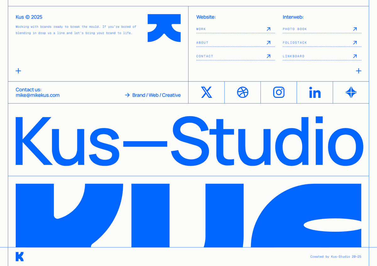 Kus Studio by <a href="/mikekus/">Mike Kus</a> ↓

footer.design/sites/kus