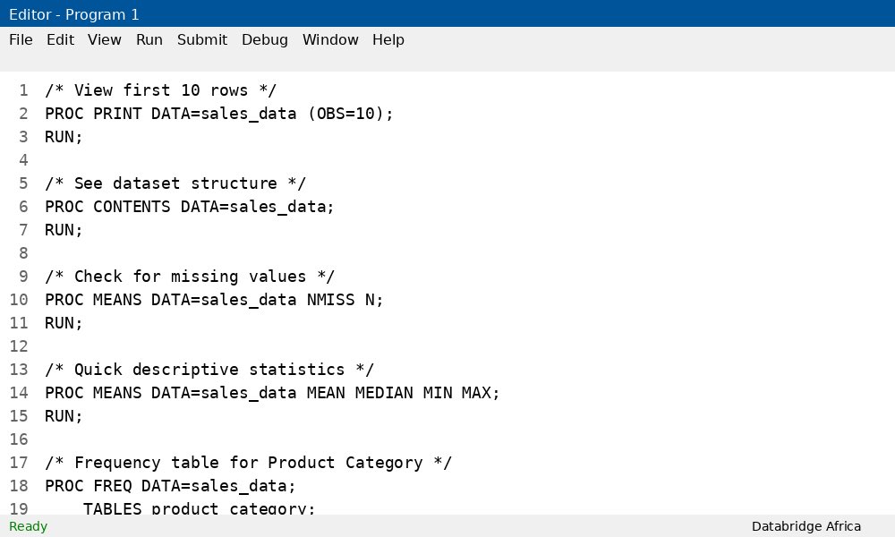 davidifeoluwa's tweet image. #SAScodeSnippet Day 2/30
First Things First: Know Your Data
One of the fastest ways to ruin an analysis is to start crunching numbers without first understanding your dataset.
#SASProgramming #DataAnalysis #BaseSAS #SASTips #DataScience #SASNigeria #SkillDevelopment