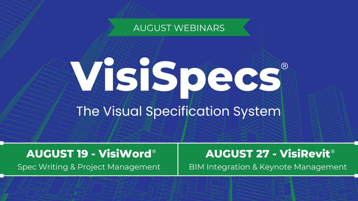 Register for a VisiSpecs webinar in August ▶️ Live with Q&amp;A!

VisiWord on 8/19:
us06web.zoom.us/webinar/regist…

VisiRevit on 8/27: 
us06web.zoom.us/webinar/regist…