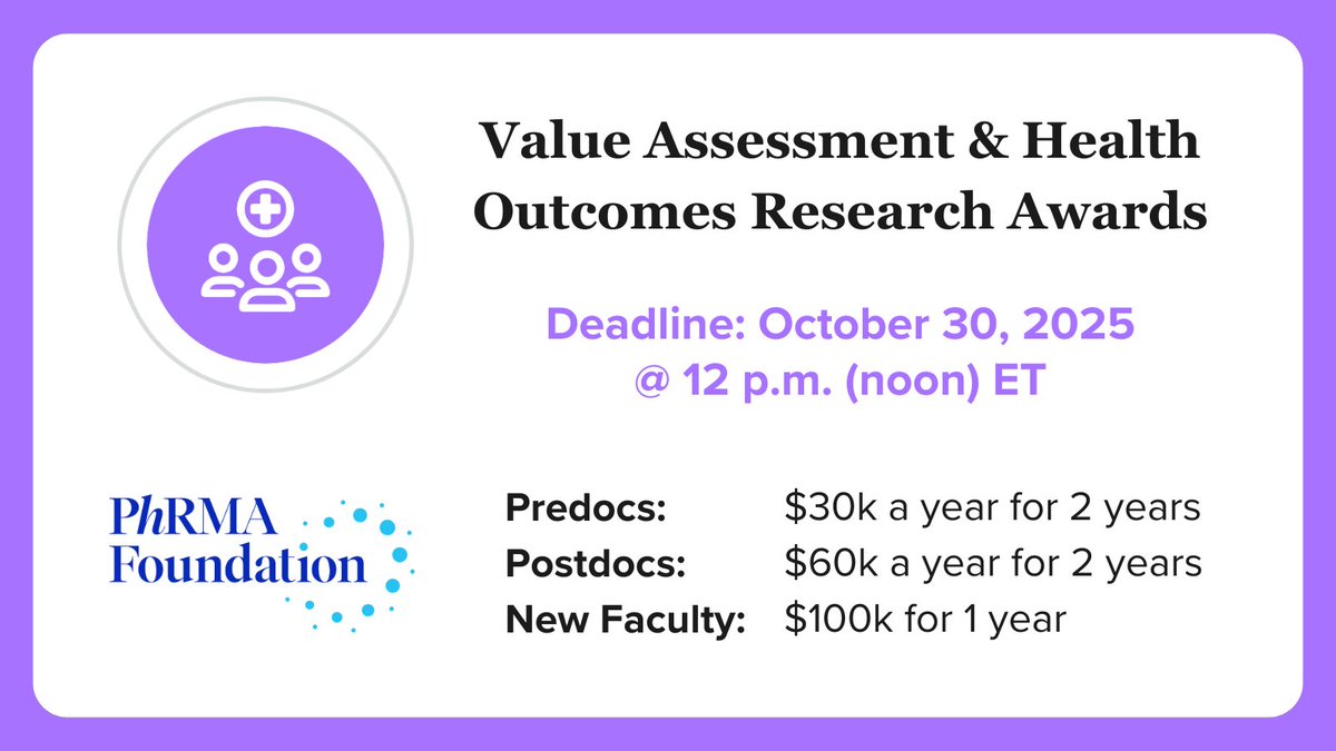 Attention researchers: Applications are now open for our 2026 #grants and #fellowships in #ValueAssessment and #HealthOutcomes research. 

Learn more and apply: phrmafoundation.org/grants-fellows…