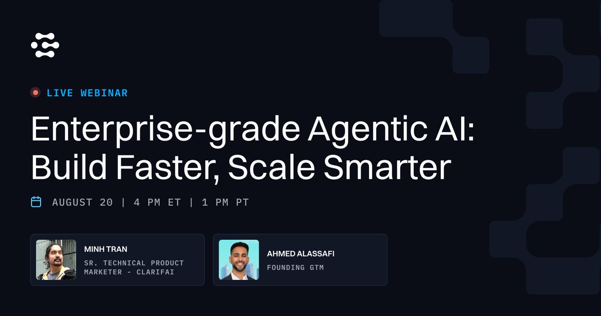Clarifai (@clarifai) on Twitter photo Building intelligent, scalable AI agents for the enterprise is a challenge, but it's one you don't have to solve alone!
Clarifai has partnered with <a href="/RelevanceAI_/">Relevance AI</a> to bring you an exclusive webinar that provides a blueprint for success.
Join Clarifai’s Minh Tran and Relevance Building intelligent, scalable AI agents for the enterprise is a challenge, but it's one you don't have to solve alone!
Clarifai has partnered with <a href="/RelevanceAI_/">Relevance AI</a> to bring you an exclusive webinar that provides a blueprint for success.
Join Clarifai’s Minh Tran and Relevance