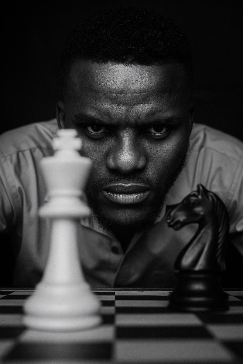 iam_IBG's tweet photo. This is a prompt for this photo on ChatGPT 
A dramatic young man black-and-white portrait of the reference photo intensely staring into the camera from behind a chessboard.
The perspective is low and close to the board, creating a sense of depth and tension. https://t.co/TjGl9d4PVr