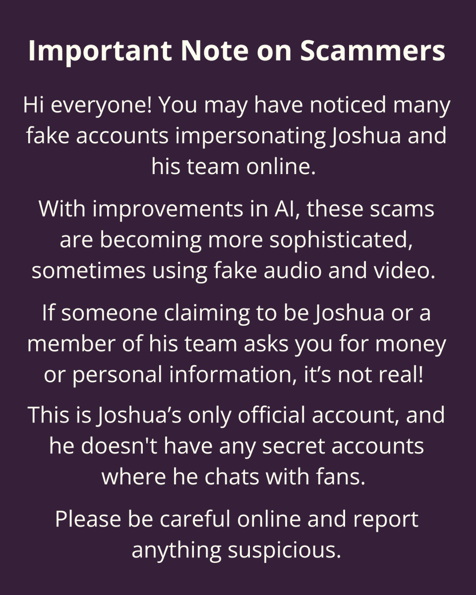 Joshua and his team will never initiate contact with you or ask for money, gift cards, meetings, or personal information.

Joshua’s ONLY official X account is this one: <a href="/JoshuaBellMusic/">Joshua Bell</a> 

Joshua is not on Snapchat, Discord, Telegram, WhatsApp, Signal, or WeChat.

Stay safe!