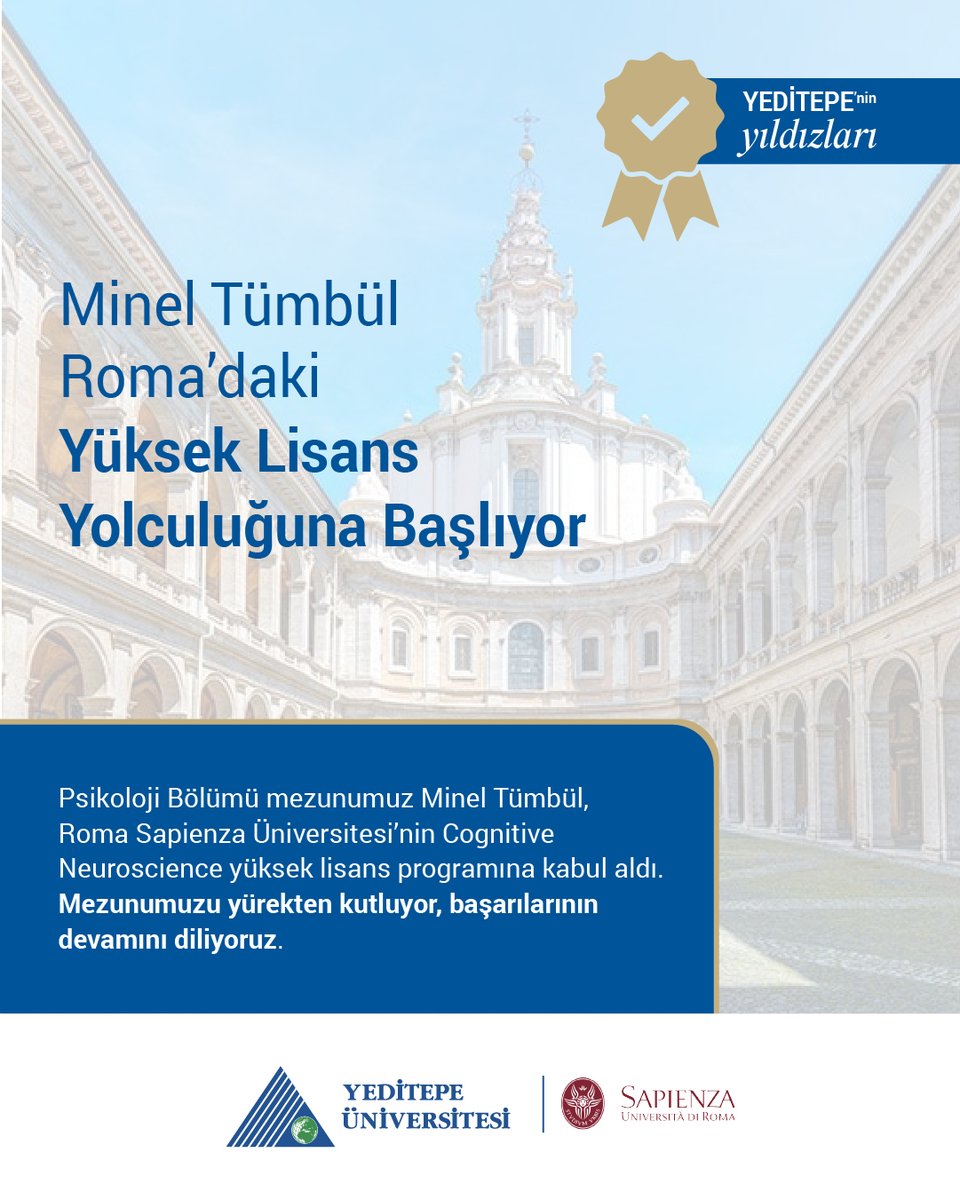 Psikoloji Bölümü mezunumuz Minel Tümbül, Roma Sapienza Üniversitesi’nin Cognitive Neuroscience yüksek lisans programına kabul aldı. 

Mezunumuzu yürekten kutluyor, başarılarının devamını diliyoruz.

Our Psychology graduate, Minel Tümbül, has been accepted into the Cognitive