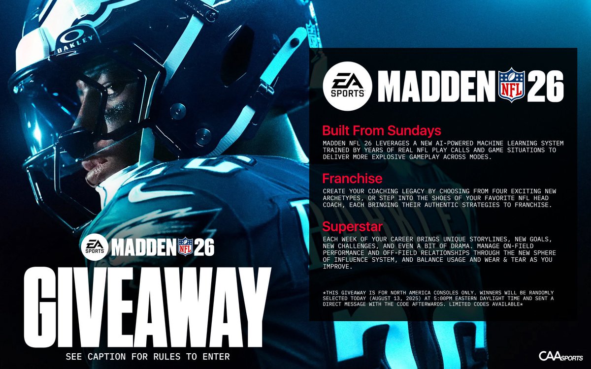 CAA Football (@caa_football) on Twitter photo We’ve got the codes, so you can play the game 🎮
#Madden26 x <a href="/EAMaddenNFL/">Madden NFL 26</a>
Rules to enter:
▪️ Must be following <a href="/CAA_Football/">CAA Football</a>
▪️ Repost + comment with your console (PS5 or Xbox) We’ve got the codes, so you can play the game 🎮
#Madden26 x <a href="/EAMaddenNFL/">Madden NFL 26</a>
Rules to enter:
▪️ Must be following <a href="/CAA_Football/">CAA Football</a>
▪️ Repost + comment with your console (PS5 or Xbox)