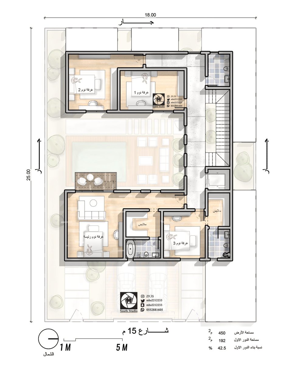 الدور الثاني :

غرفة نوم رئيسية ببلكونه مطله على الحديقة بخصوصية عالية
مع ٣ غرف نوم للأبناء