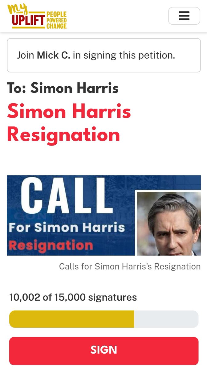 We're flying ✊️

Petition Calling for the resignation of Simon Harris  - 

 ⬆️NOW Over 10,000 signatures

  Keep signing &amp; sharing to your network  - time to demand real political accountability. 👇

my.uplift.ie/petitions/simo…

 #JusticeforHarvey #ResignHarris