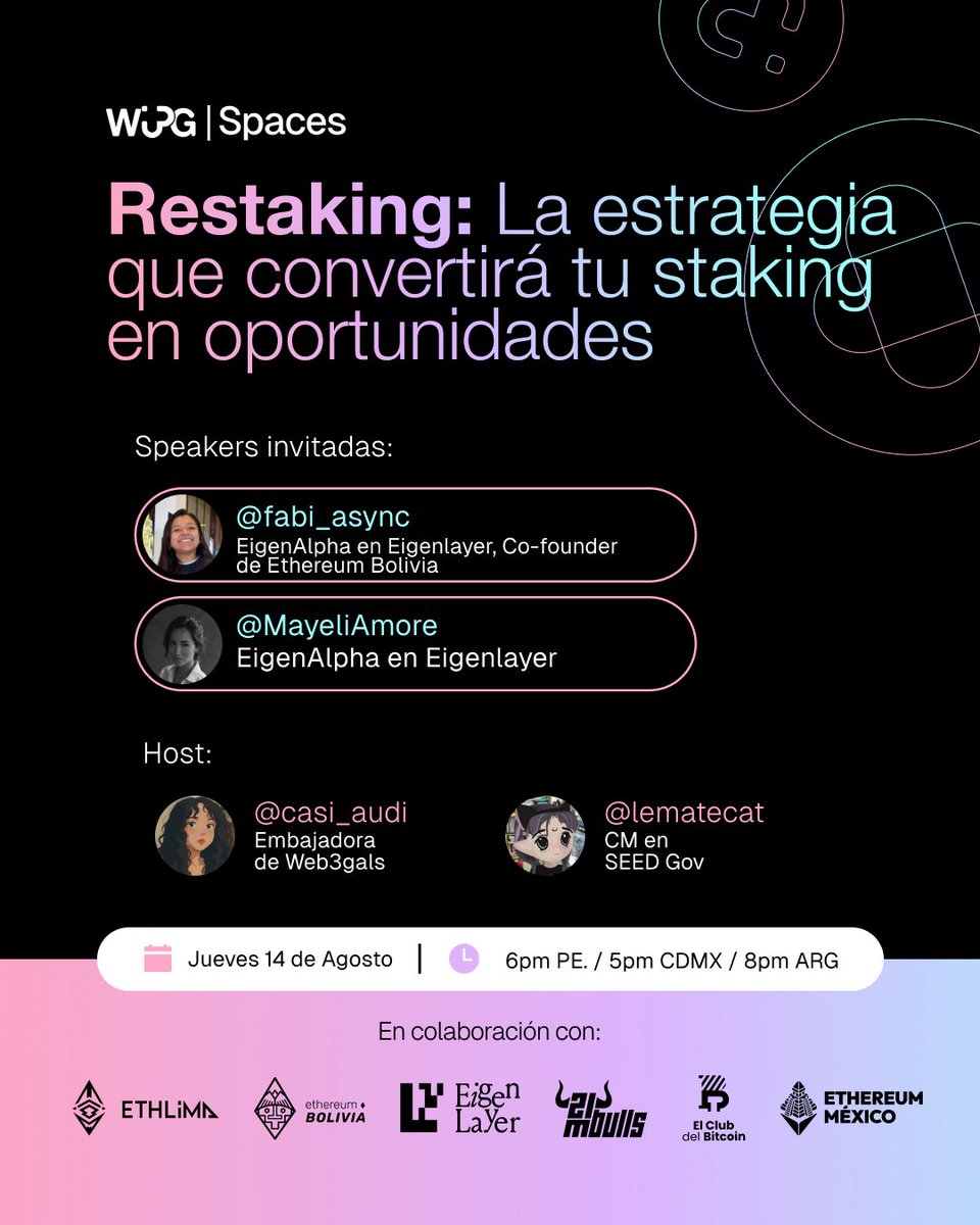 🚀 Haz que tu staking trabaje más por ti Este jueves 14/08 conoce cómo <a href="/eigenlayer/">EigenCloud</a> en Ethereum te deja usar tu $ETH en stake para apoyar más proyectos y ganar recompensas extra 💸 

🗓 5PM 🇲🇽 | 6PM 🇵🇪 | 8PM 🇦🇷 
🎙 @fabi_async · <a href="/MayeliAmore/">Mayeli Aguilar(💫,💫)</a> 
Hosts: <a href="/casi_audi/">Audiarmis G ⭐</a> ✨@lematecat