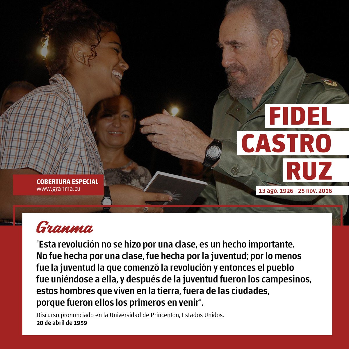✊🇨🇺 "Como una consecuencia de no haber hecho una revolución, como una lucha de clases, nosotros obtuvimos para nuestra revolución un gran respaldo del pueblo y nosotros obtuvimos al final para esta revolución el 95% del pueblo de nuestra nación."

#100AñosConFidel
