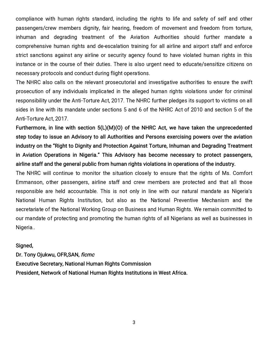 Statement of the Executive Secretary of <a href="/NHRCnigeria/">NHRC Nigeria</a>, Dr. <a href="/TonyOjukwuO/">Tony Ojukwu</a> on the recent human rights concerns in Nigeria’s aviation sector.