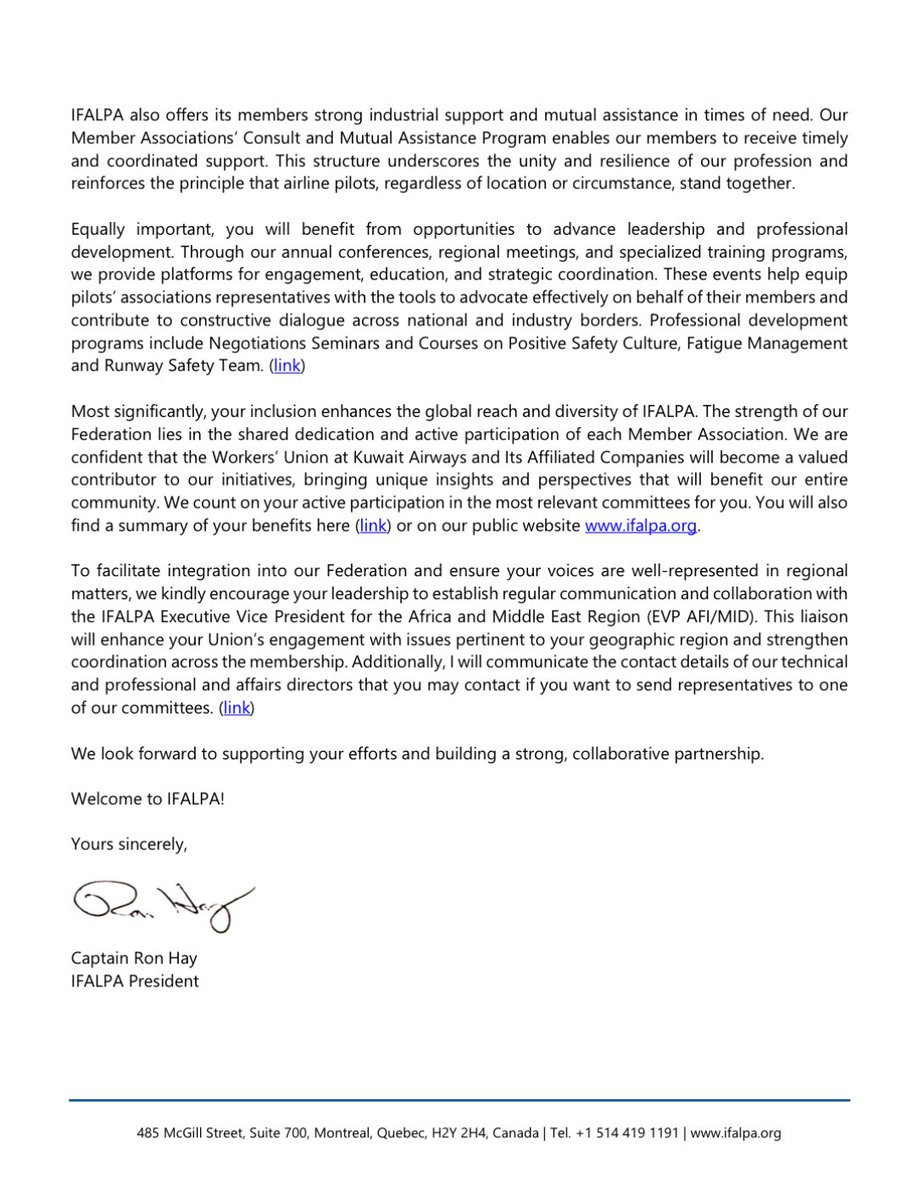 نقابة العاملين في الخطوط الجوية الكويتية والشركات التابعة تنضم رسميًا إلى الاتحاد الدولي لطياري الخطوط الجوية (IFALPA) ✈️🌍