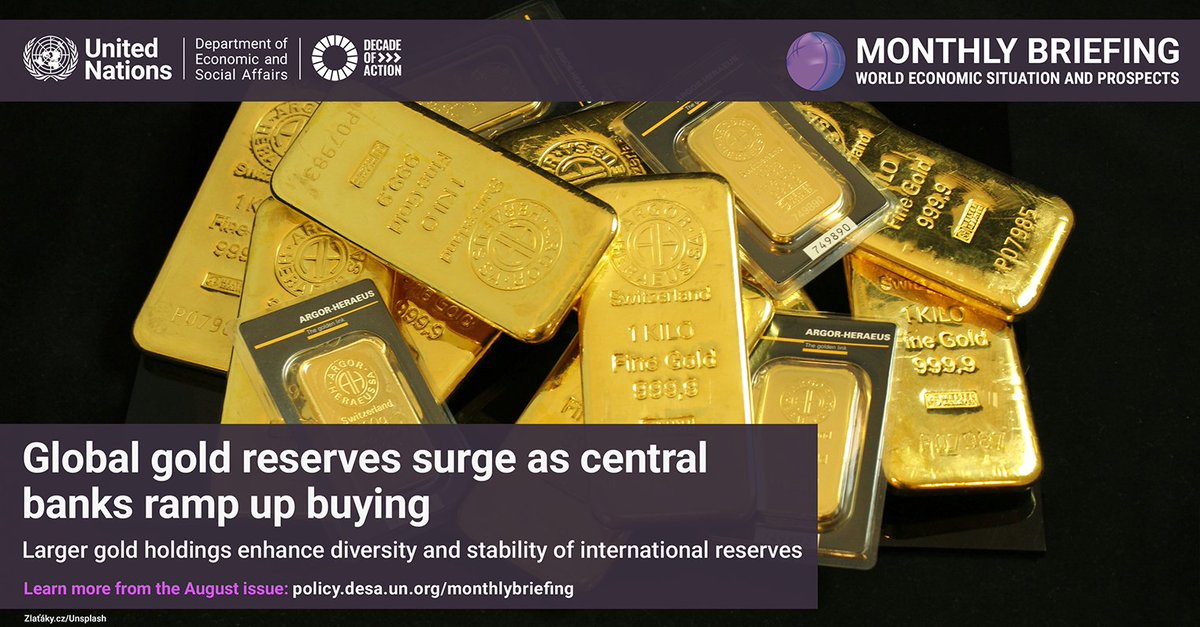 UNDevelopPolicy's tweet image. Many central banks are turning to #gold. 
Cyclical returns &amp;amp; long-term safety expectations are prompting countries to diversify and stabilize their international reserves.
Learn more in our August Monthly Briefing on the #WorldEconomyReport: policy.desa.un.org/monthlybriefing