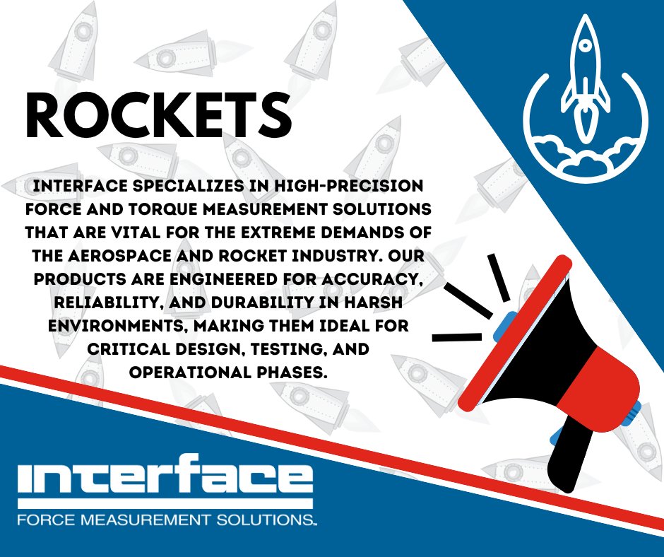 Interface is a longtime supplier to rocket engineers, test labs, and manufacturers, providing the sensors and instrumentation. interfaceforce.com/solutions/aero… In the rocket industry, precision force and torque measurement are used throughout the lifecycle of a rocket. #loadcells