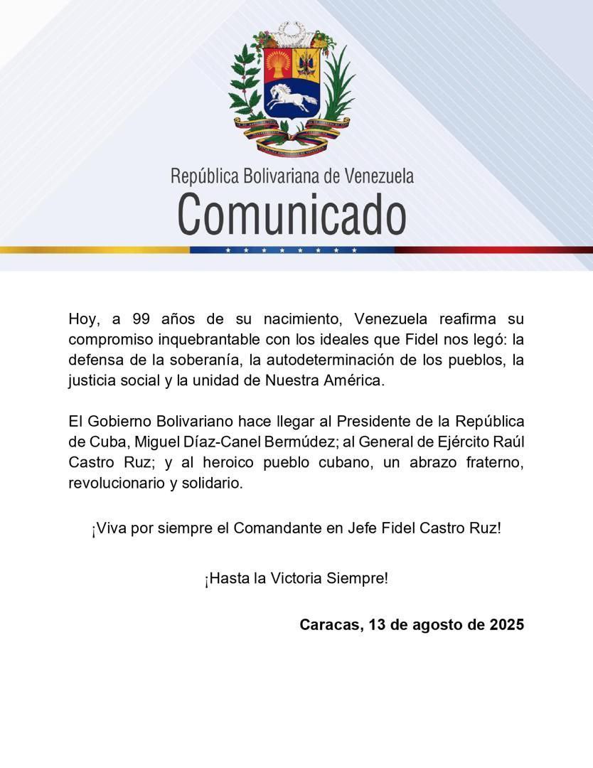 Venezuela celebra con profundo júbilo el 99 aniversario del natalicio del líder histórico de la Revolución Cubana, Comandante en Jefe Fidel Castro Ruz, cuyo ejemplo y pensamiento siguen iluminando las luchas emancipadoras de los pueblos de Nuestra América y del mundo.