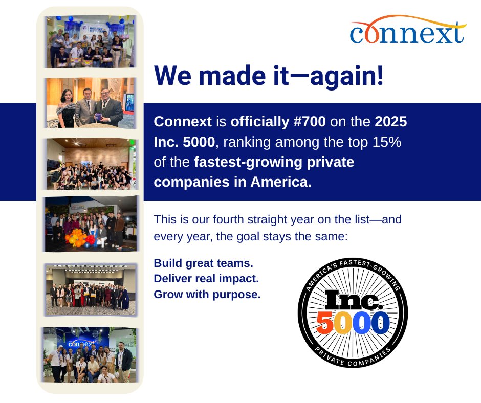 ConnextPh's tweet image. We’re #700 on the 2025 Inc. 5000!
4 years on the list. Top 15% in growth.
98% client retention. 80% employee retention.
Offshoring that delivers—with heart, strategy, and results.
👉 Read the full story: hubs.ly/Q03CtY7m0
#Connext #Inc5000 #Top700 #Offshoring #BuiltToScale