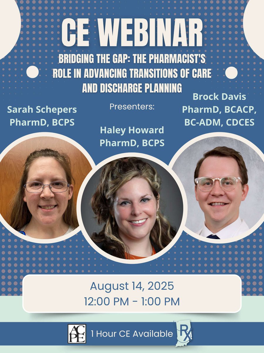 Tomorrow, we will have presenters Sarah Schepers, Haley Howard, and Brock Davis present "Bridging the Gap: The Pharmacist’s Role in Advancing Transitions of Care and Discharge Planning." There is also an opportunity to earn one hour of CE!
Register here! tinyurl.com/3p37v25c