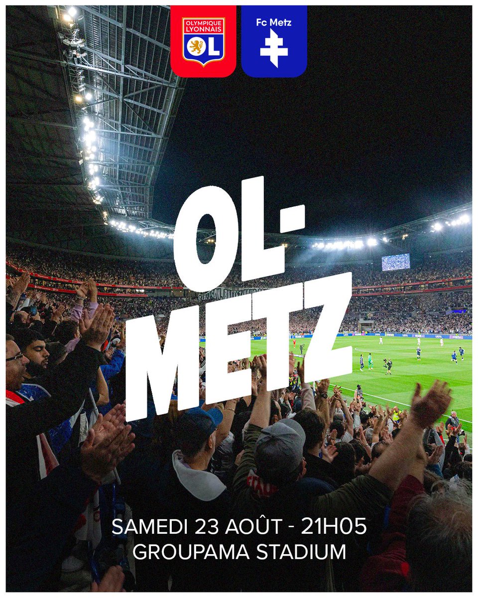 OL's tweet photo. La reprise de la @Ligue1 avec vous au @GroupamaStadium 🔴🔵

Billetterie ouverte pour notre premier match à domicile face au FC Metz, le samedi 23 août à 21h05 🚨

🎟️ Vos places dès 9€ 👉 https://t.co/y8c5vP5Jsa https://t.co/bl1VQYXhD8