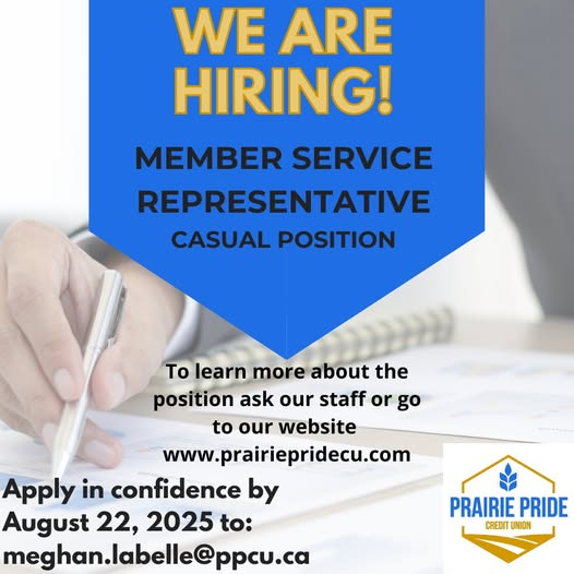 Prairie Pride CU is hiring for a casual position with a minimum of 4 shifts bi-weekly, travelling to all 3 branch locations as needed. Starting wage of $25.24 and potential eligibility for pension and benefits after a specified period. Learn more at
prairiepridecu.com/About+Us/caree…