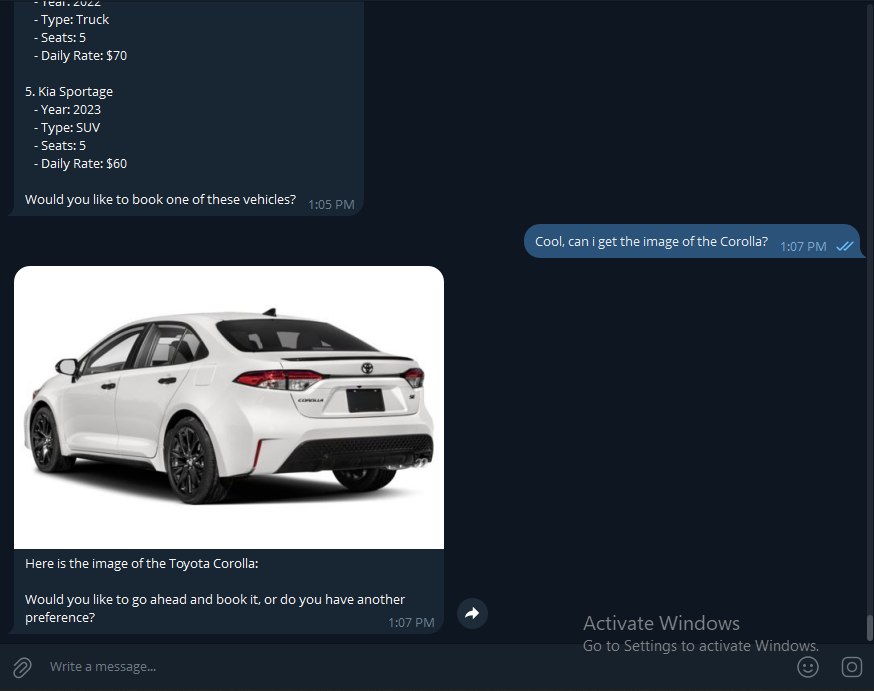 Updated the car rental agent I built a while back 

Now it:
– Sends images of available cars
– Takes voice notes
– Works right inside Telegram (WhatsApp too)
– Checks availability, books rides, sends confirmations
– Notifies the company instantly

From browsing cars to booking