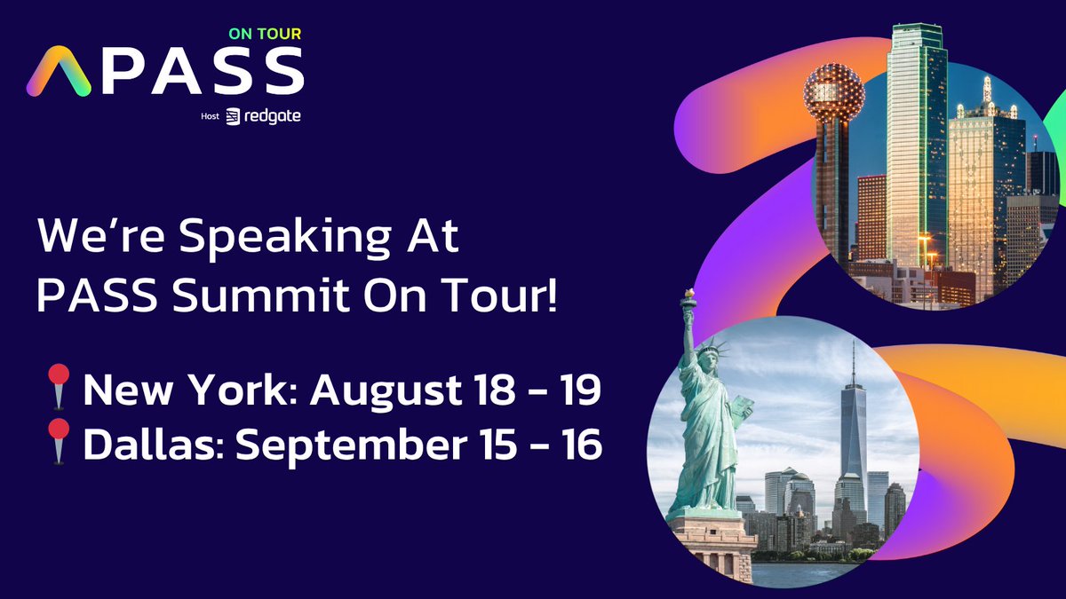AzureSQL's tweet photo. Excited to join #PASSSummit On Tour in NYC (Aug 18–19) &amp; Dallas (Sept 15–16)! Don’t miss sessions with Bob Ward, Conor Cunningham &amp; Taiyeb Zakir. Get 50% off a 1-Day Ticket with code ONTOURMS50: https://t.co/Jp5zvMeKT2 https://t.co/XIEXxRXhAt