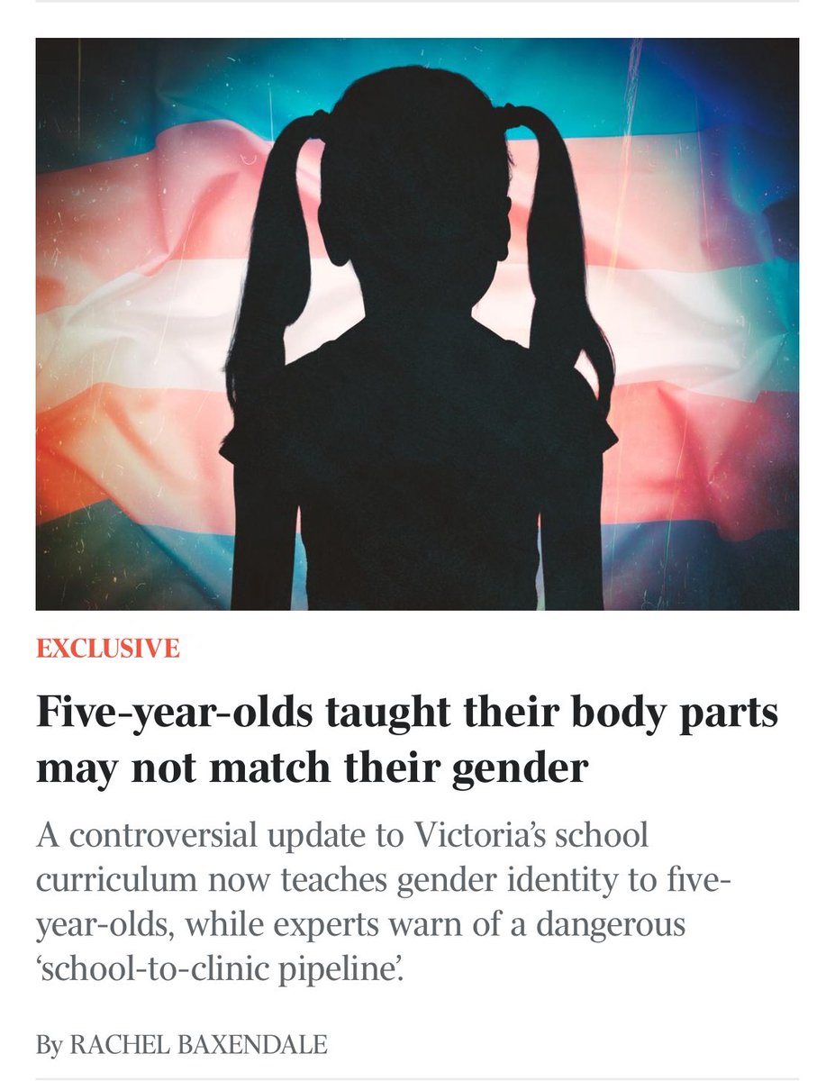 RositaDaz48's tweet photo. Victoria’s curriculum has been ­updated to teach children as young as five that their body parts may not match their gender, and that biologically male students who identify as female are entitled to play sport on girls’ teams. 
Concern over the “Respectful Relationships” curriculum, which was quietly amended in August last year, comes as parents and psychiatrists warn of a “school-to-clinic pipeline” for children struggling with adolescence who are persuaded they were born in the wrong body, and pushed towards irreversible and often harmful medical treatment.
Initiated in 2016 as a response to Victoria’s family violence royal commission, Respectful Relationships is a teaching resource ­designed by the state Education Department with the aim of ­“preventing family violence by promoting gender equality and teaching children about respectful relationships”.