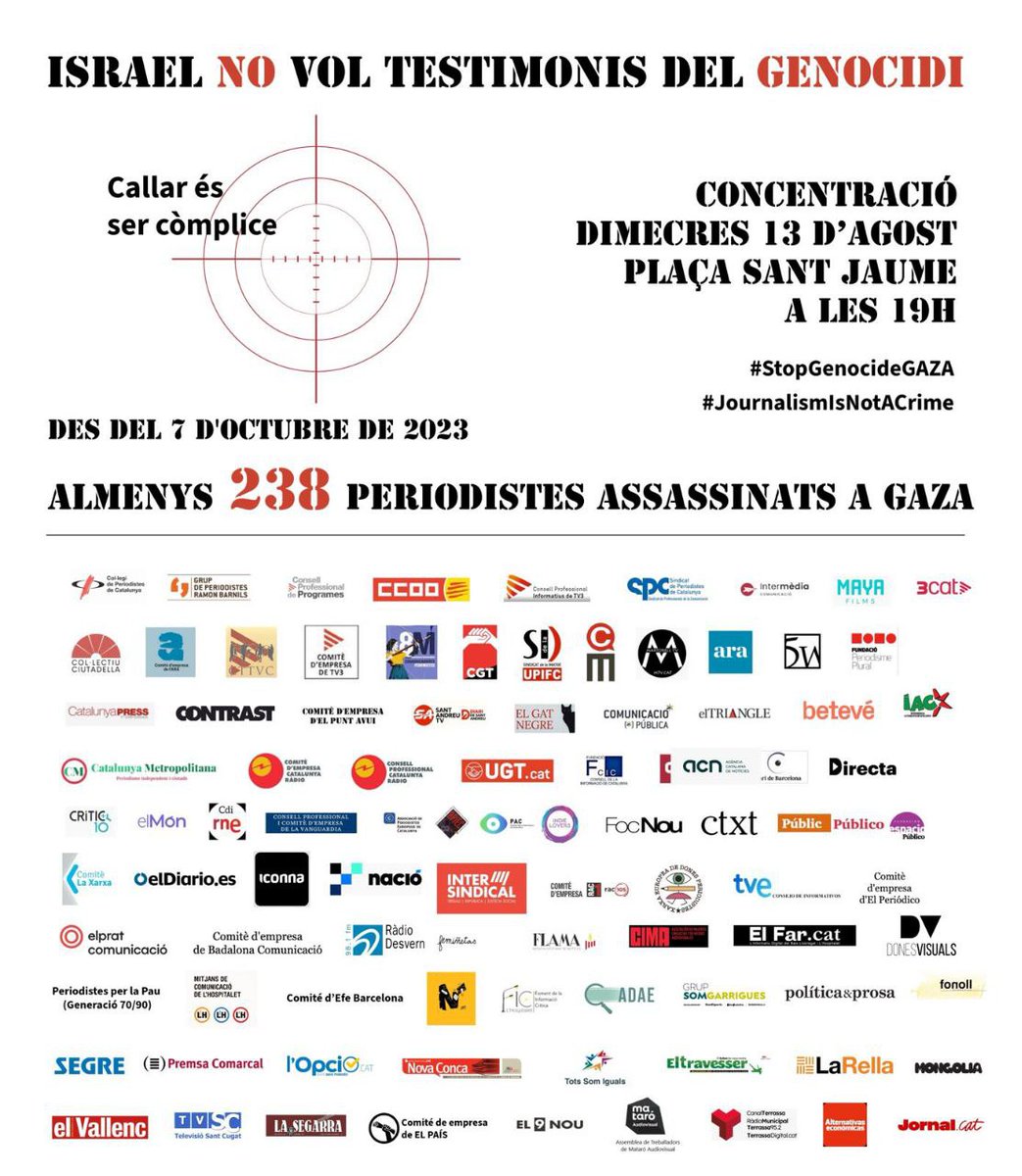 CGT's tweet photo. Gaza |
Ante el asesinato sistemático de periodistas en Gaza por parte del ejército israelí, diferentes organizaciones os convocamos esta tarde en Barcelona
🔴 19h. Plaça Sant Jaume
#GazaGenocide
#JournalismIsNotACrime
#SIAlEmbargo https://t.co/LUlw4hQmNo