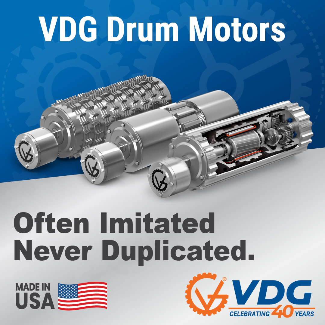 Often Imitated, Never Duplicated. VDG Drum Motors are used to power belt conveyor systems across a wide range of industries. The quality and advanced design of VDG Drum Motors come from 40 years of producing everything in-house, from engineering and innovation to manufacturing.