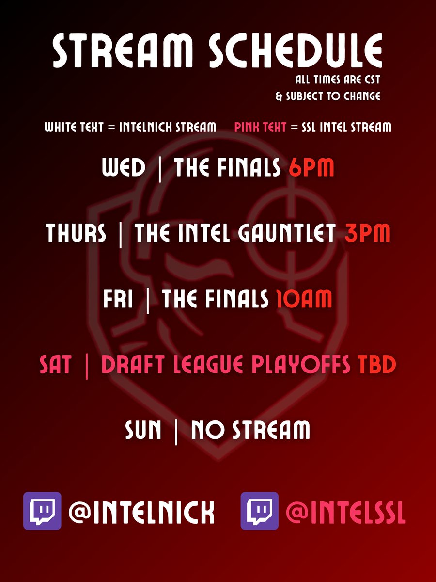 INF | intelnick (@intelnick) on Twitter photo Stream schedule for the rest of the week! 💪 <a href="/InfThieves/">Infamous Thieves</a>
<a href="/IntelSSL/">SSL Intel</a> stream on Saturday for Draft League Playoffs! Stream schedule for the rest of the week! 💪 <a href="/InfThieves/">Infamous Thieves</a>
<a href="/IntelSSL/">SSL Intel</a> stream on Saturday for Draft League Playoffs!