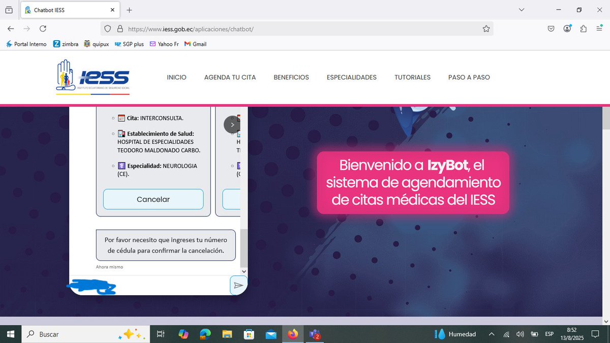 Saludos, <a href="/IESS_YoTeGuio/">IESS - YO TE GUIO</a> <a href="/HtmcIess/">Hospital de Especialidades Teodoro Maldonado Carbo</a> <a href="/IESSGuayas/">Dirección Provincial de Guayas</a> <a href="/IESSec/">IESS</a> lamentablemente su izibot no funciona y no pude cancelar mi cita de hoy 09h55. No alcanzo a ir porque sigo en terapia de diálisis. Muchas gracias, <a href="/DanielNoboaOk/">Daniel Noboa Azin</a>