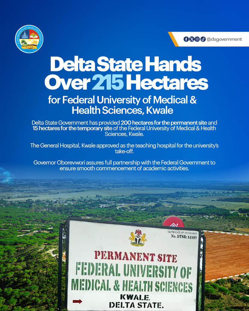 LadyO_HQ's tweet photo. Delta makes history! 🏥 215 hectares handed over for the Federal University of Medical &amp; Health Sciences in Kwale a game-changer for healthcare education in Nigeria. #MoreForDelta #SheriffOborevwori #DeltaDevelopment https://t.co/6xGq49doRm