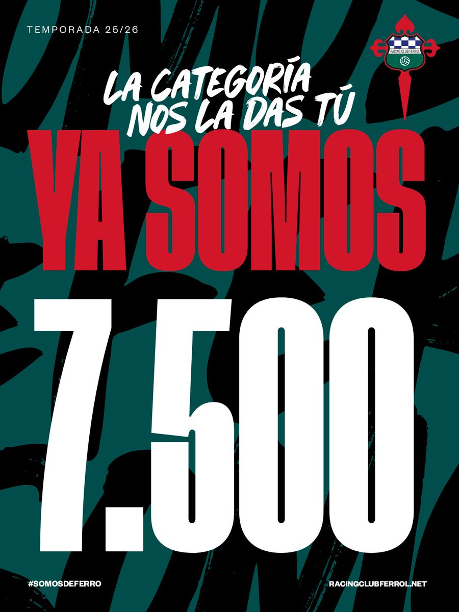 💚 SEGUIMOS SUMANDO XUNTOS! 

Xa somos 7.500 nesta marea verde que non para de medrar 🥹

E ti? Aínda no tes o teu sitio en A Malata? 

📲 racingclubferrol.compralaentrada.com/abonos/nuevo

#SomosDeFerro #LaCategoríaNosLaDasTú #ACategoríaDásnolaTi #RacingClubFerrol
