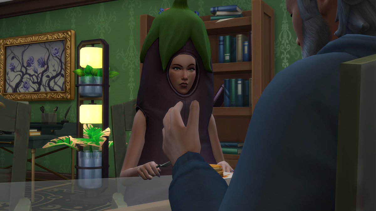 TheSpaceWitch_1's tweet photo. For context, I've made Eglantine normal outfits but added the eggplant as a random outfit in each category so it's a surprise as to when she'll wear it #veryveggiechallenge #lilsimsie #thesims4 #sims4 #simstwt https://t.co/KU87W20KkJ