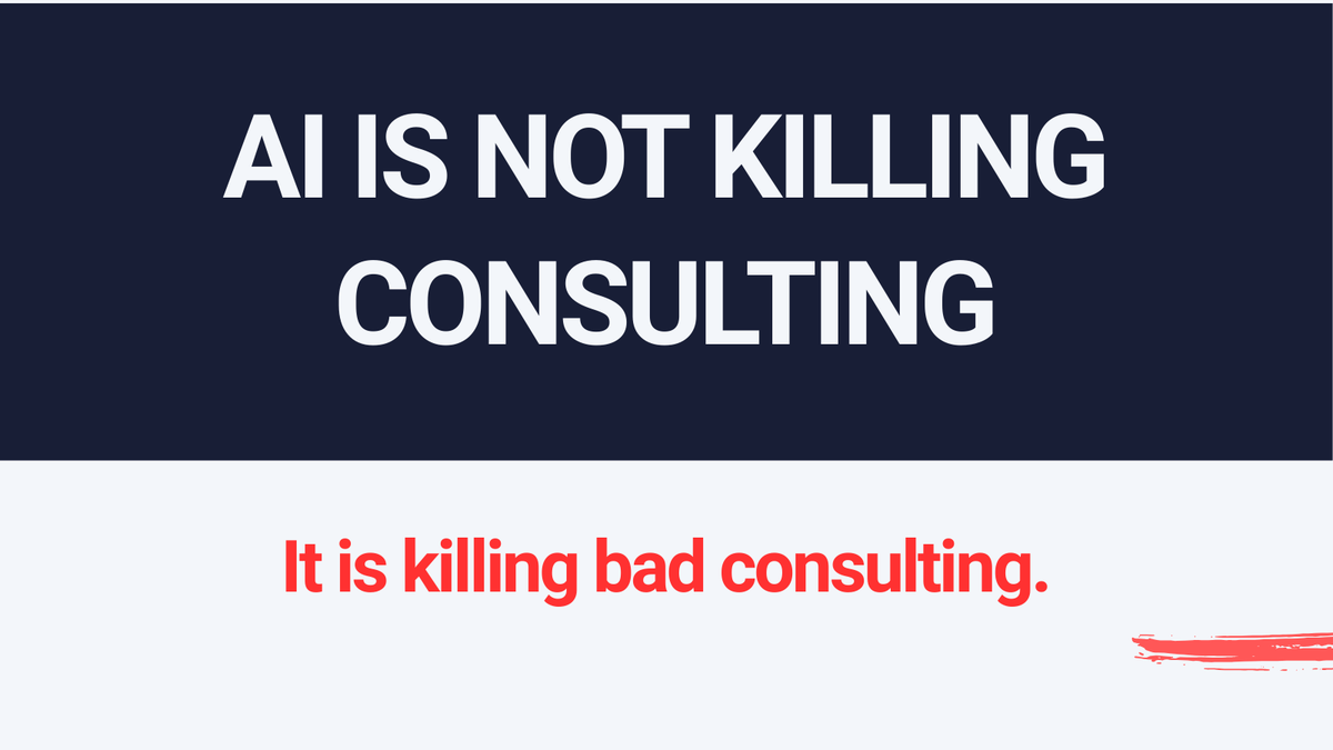 realDannyAcuna's tweet photo. AI isn’t killing consulting.
It’s killing bad consulting.

If your “consultant” just researches and makes slides, replace them.
If they multiply your team’s value, AI will make them unstoppable.

#AI #Consulting #FutureOfWork #Leadership #ServantLeadership https://t.co/qNX74upICA