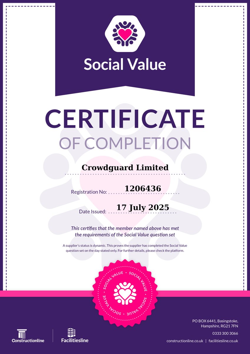 Crowdguard (@crowdguard1) on Twitter photo Proud to hold SSIP PQS, Constructionline Gold Membership & Social Value Certifications - showing our commitment to high standards & positive impact. Creating safer spaces with integrity. #Crowdguard #HealthAndSafety #SocialValue Proud to hold SSIP PQS, Constructionline Gold Membership & Social Value Certifications - showing our commitment to high standards & positive impact. Creating safer spaces with integrity. #Crowdguard #HealthAndSafety #SocialValue