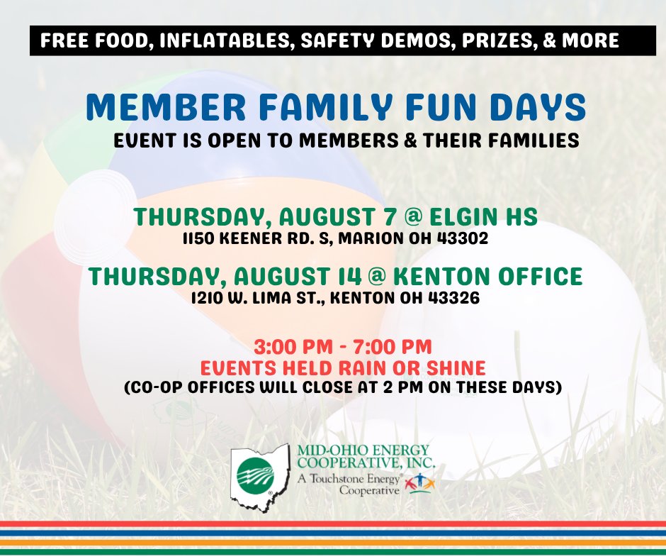MidOhioEnergy's tweet photo. Looking forward to our Member Family Fun Day in Kenton tomorrow. Members: Stop by anytime between 3pm-7pm for free food from local food trucks, inflatables and fun for kids, and other giveaways + door prizes! https://t.co/Q1whD5lqEj