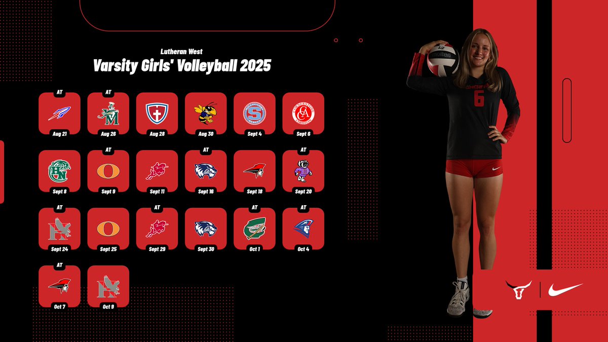 Your 2025 🏐 Lutheran West Varsity Girls' Volleyball schedule is HERE!
Mark your calendars, Longhorn Nation— We’re fired up for a new season and ready to own the court. 🔥
 
📍 First serve: Aug 21. Be there.

#GoWest | #Longhorns