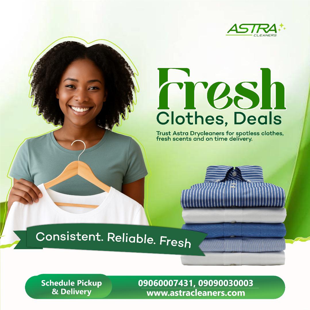 Maintain your wardrobe's elegance with us! Book at astracleaners.com or call 0906 000 7431 for sparkling whites and cozy comfort.

#Astracleaners #Eco-friendly #nigerianwedding #lagosnigeria Garmentcare #laundry #Drycleaning #lagosbusiness #hotel #nike #nigerianidol